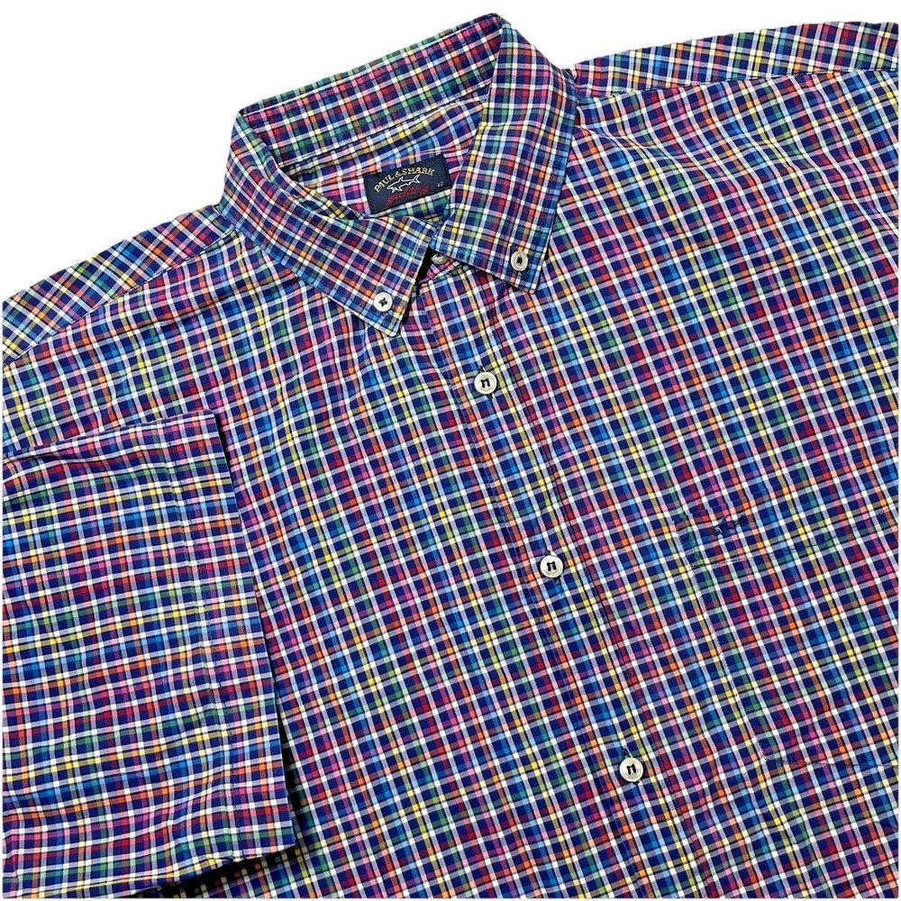 Paul & Shark Yachting Shirt Mens XXL Multi Plaid Short Sleeve Button Down Cotton